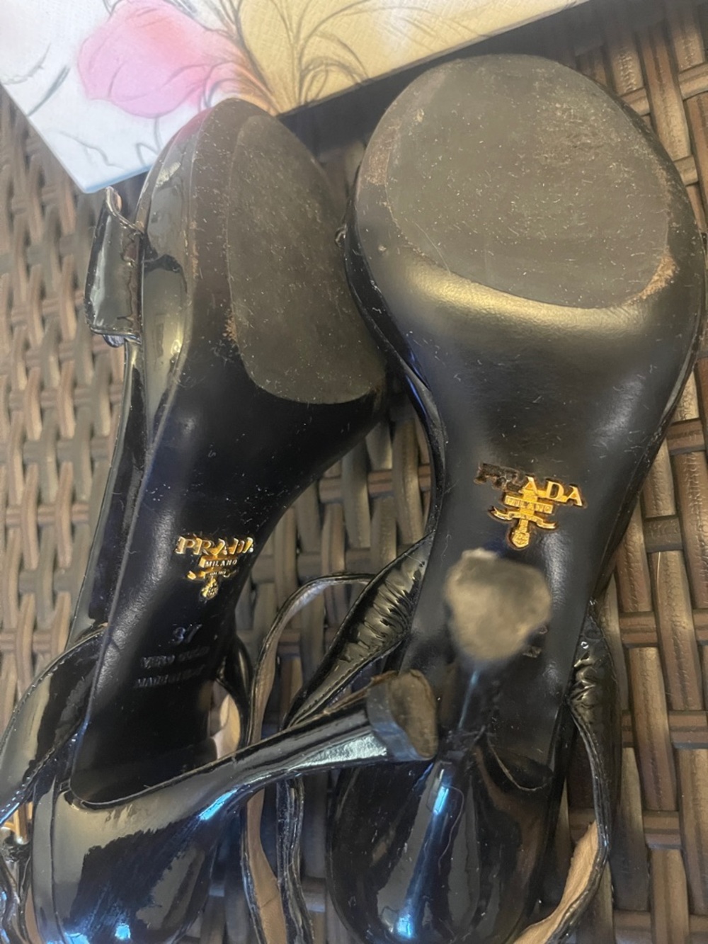 Prada Black Patent Scalloped Open-Toe Ankle-Strap Heels - Picture 4 of 4